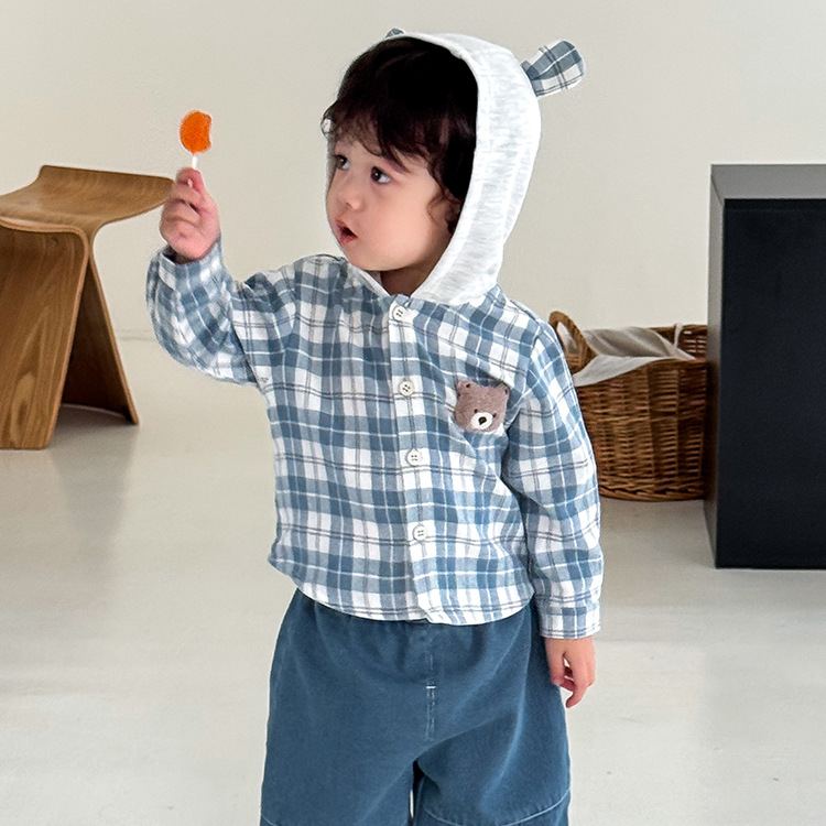Baby Toddler Boy Bear Plaid Hooded Jacket