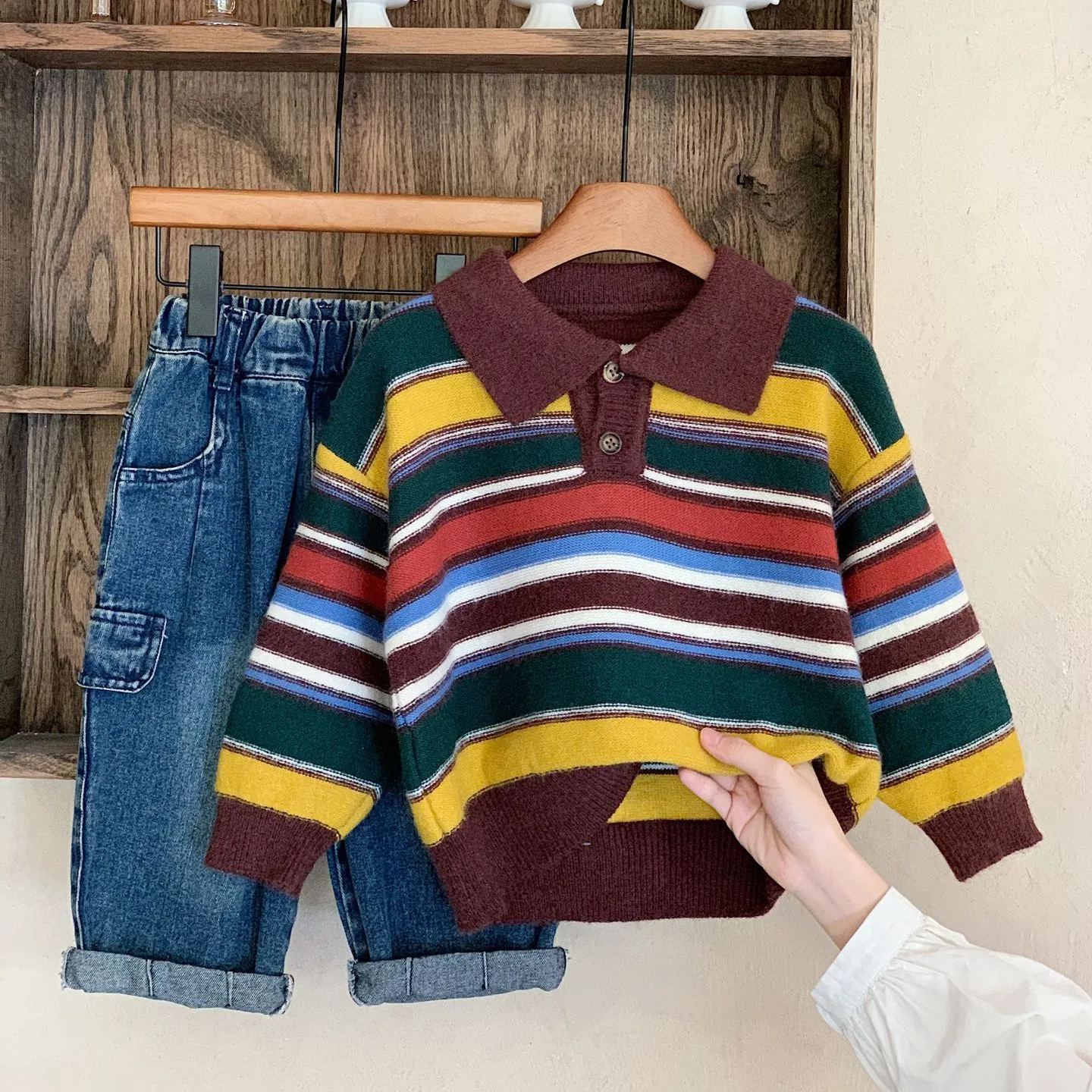 Kid Colorful Striped Lapel Sweater