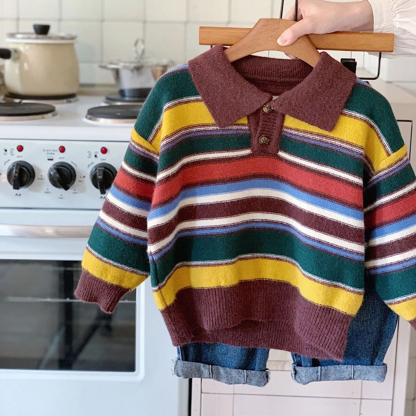 Kid Colorful Striped Lapel Sweater