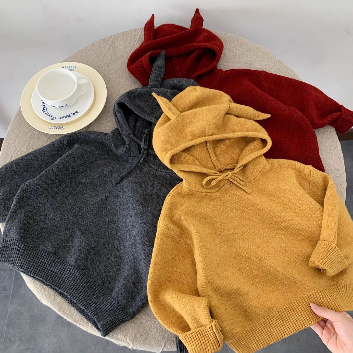 Kid Hooded Ear Solid Color Sweater