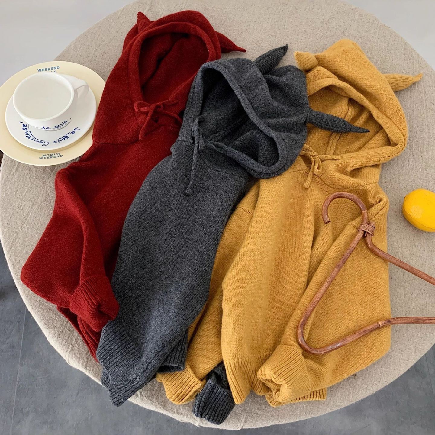 Kid Hooded Ear Solid Color Sweater