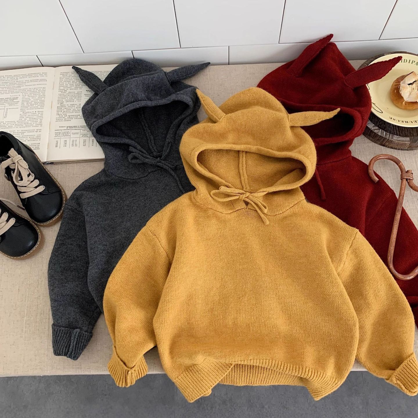 Kid Hooded Ear Solid Color Sweater