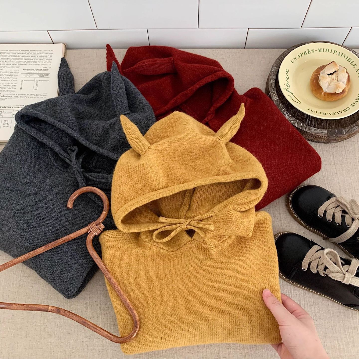 Kid Hooded Ear Solid Color Sweater