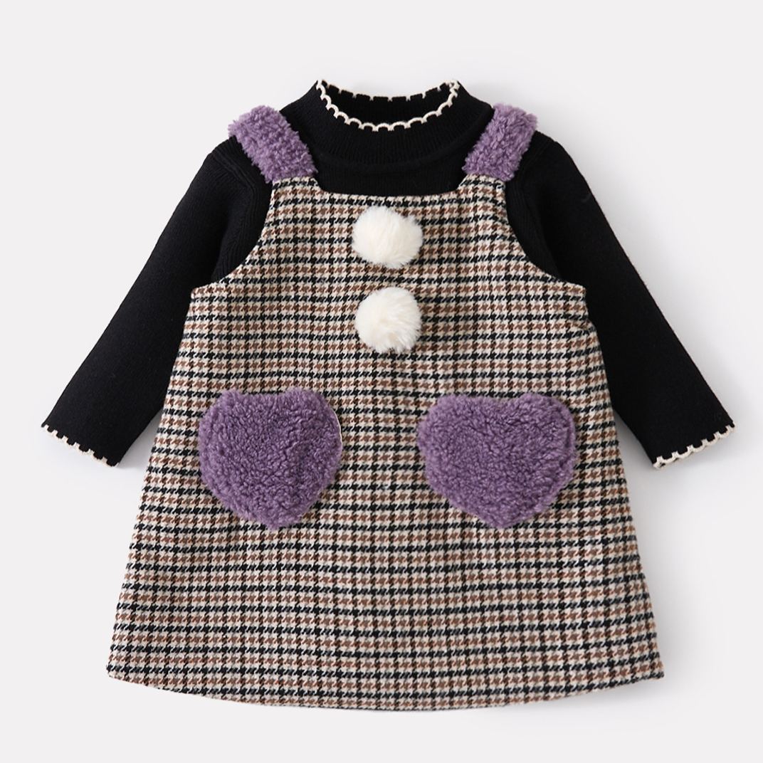 Baby Girl Plaid Heart Sleeveless Purple Dress & Black Top