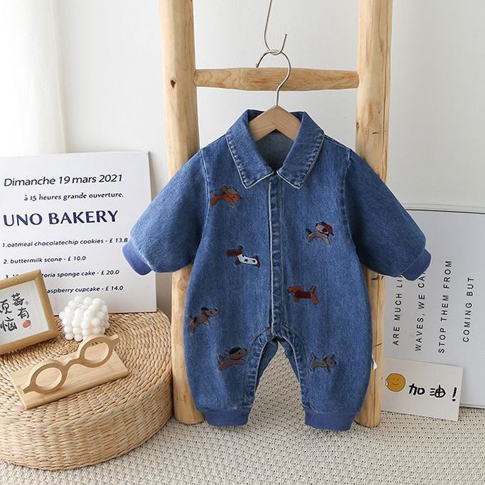 Baby Dog Patches Denim Lapel Romper