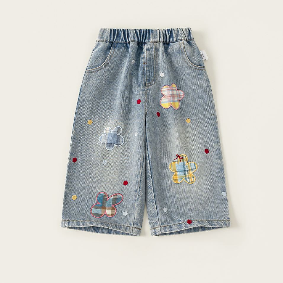 Toddler Kid Girl Denim Plaid Flower Pants