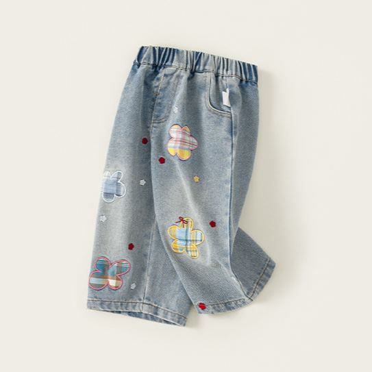 Toddler Kid Girl Denim Plaid Flower Pants