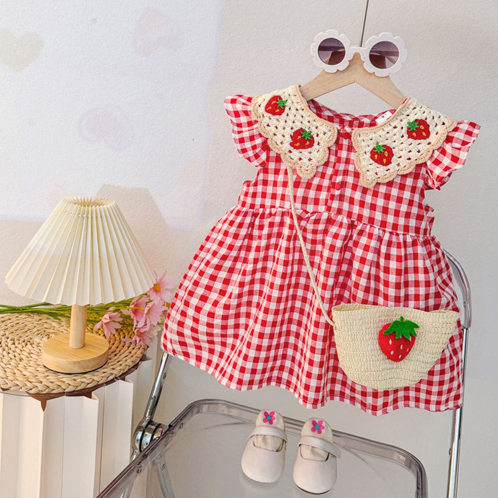 Baby Strawberry Red Plaid Dress with Bag