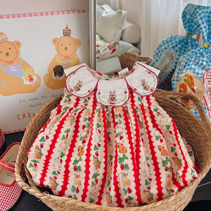 Kids Red Stripe Bunny Strawberry Dress
