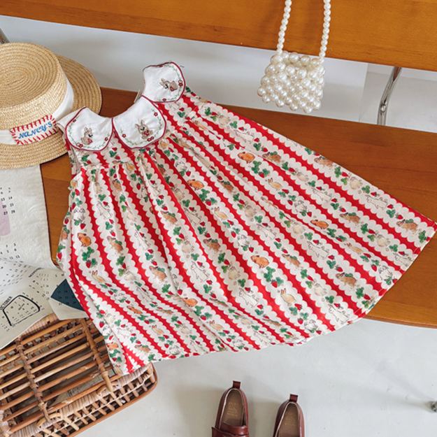 Kids Red Stripe Bunny Strawberry Dress