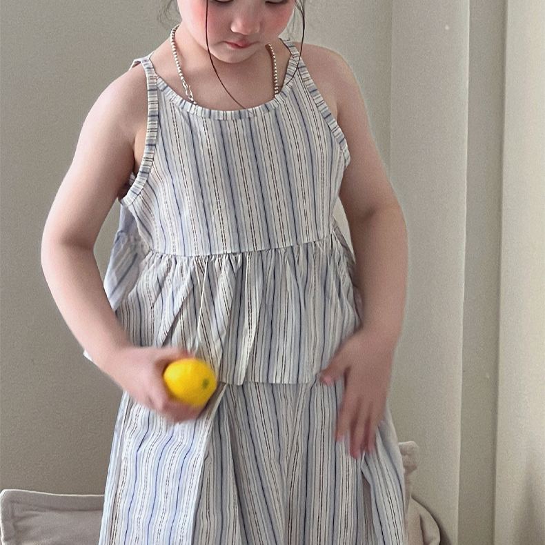 Kids Girl Blue White Stripe Casual Two Piece Set