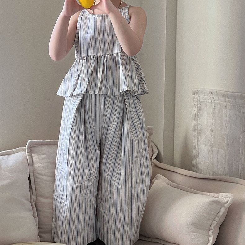 Kids Girl Blue White Stripe Casual Two Piece Set