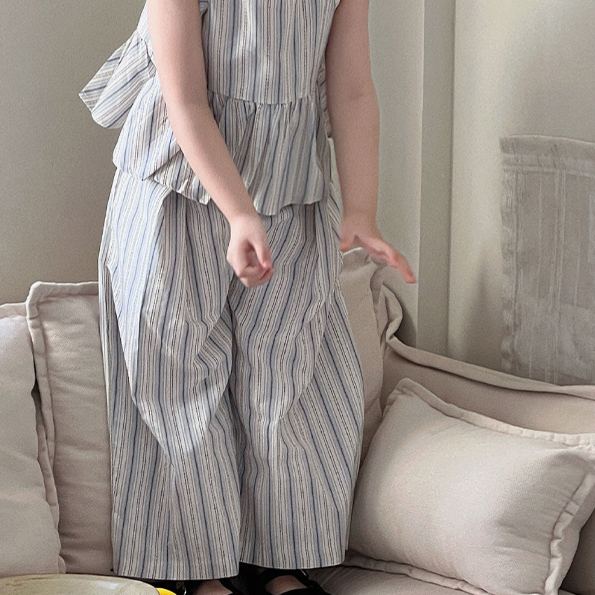 Kids Girl Blue White Stripe Casual Two Piece Set