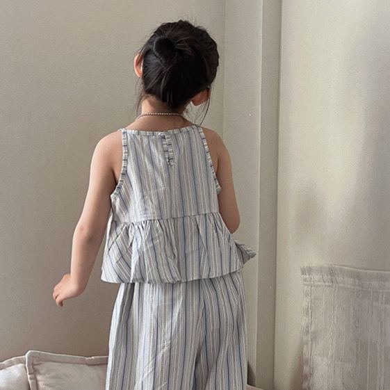 Kids Girl Blue White Stripe Casual Two Piece Set
