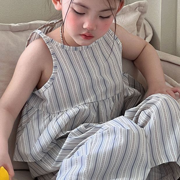 Kids Girl Blue White Stripe Casual Two Piece Set