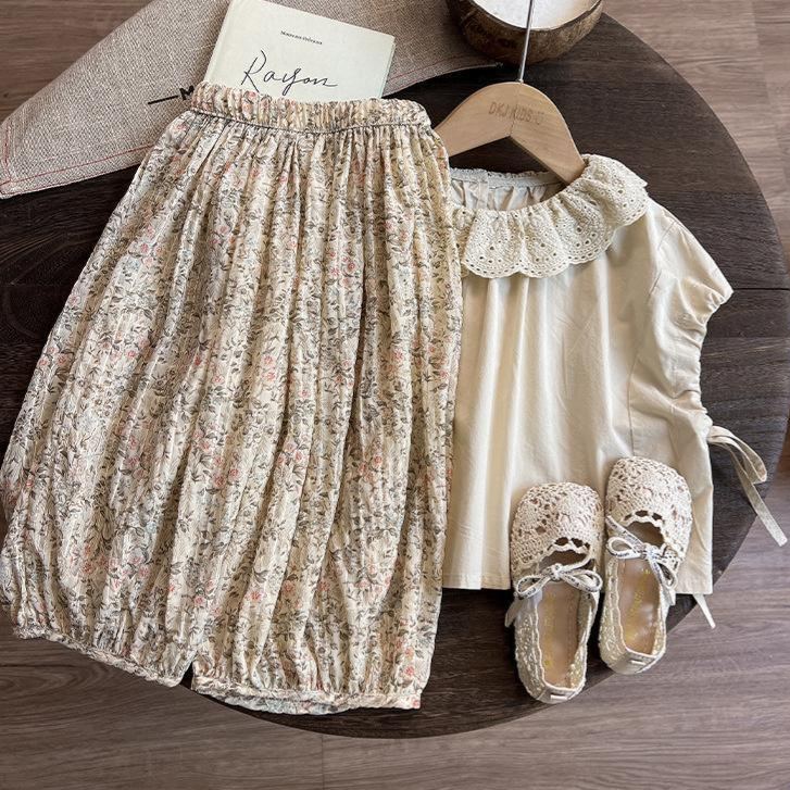 Kids Girl Vintage Floral Lace Collar Top & Pants Set