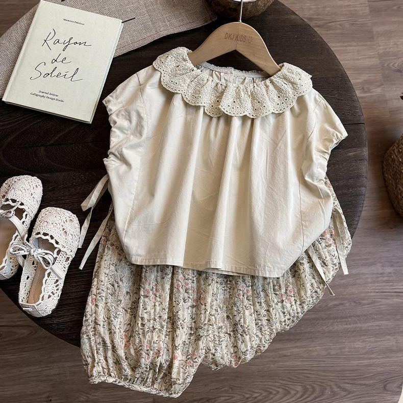 Kids Girl Vintage Floral Lace Collar Top & Pants Set