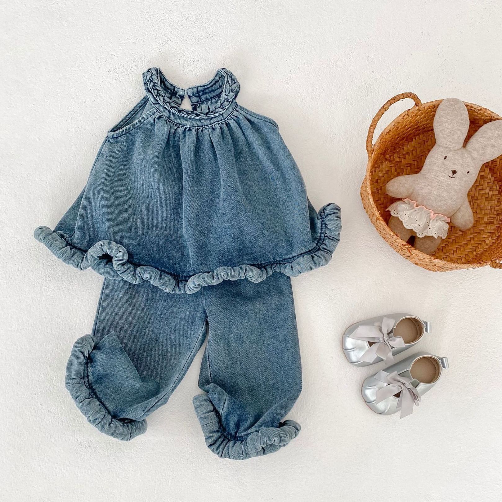 Baby Toddler Woven Denim Halter Top and Pants Sets