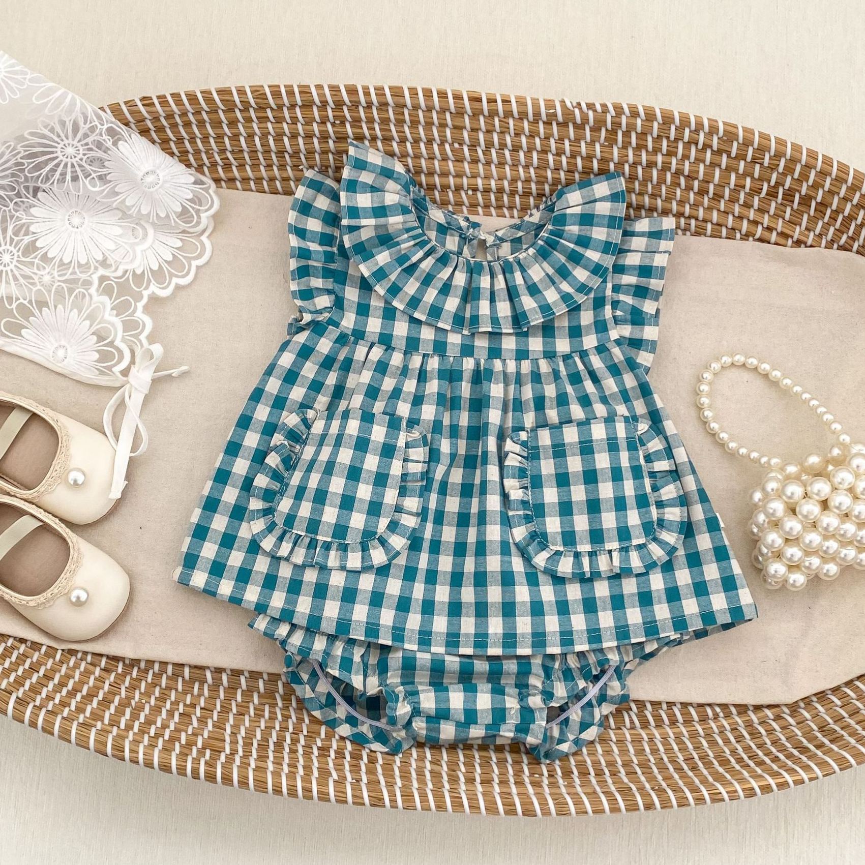 Baby Plaid Ruffle Bollar Top and Shorts Set