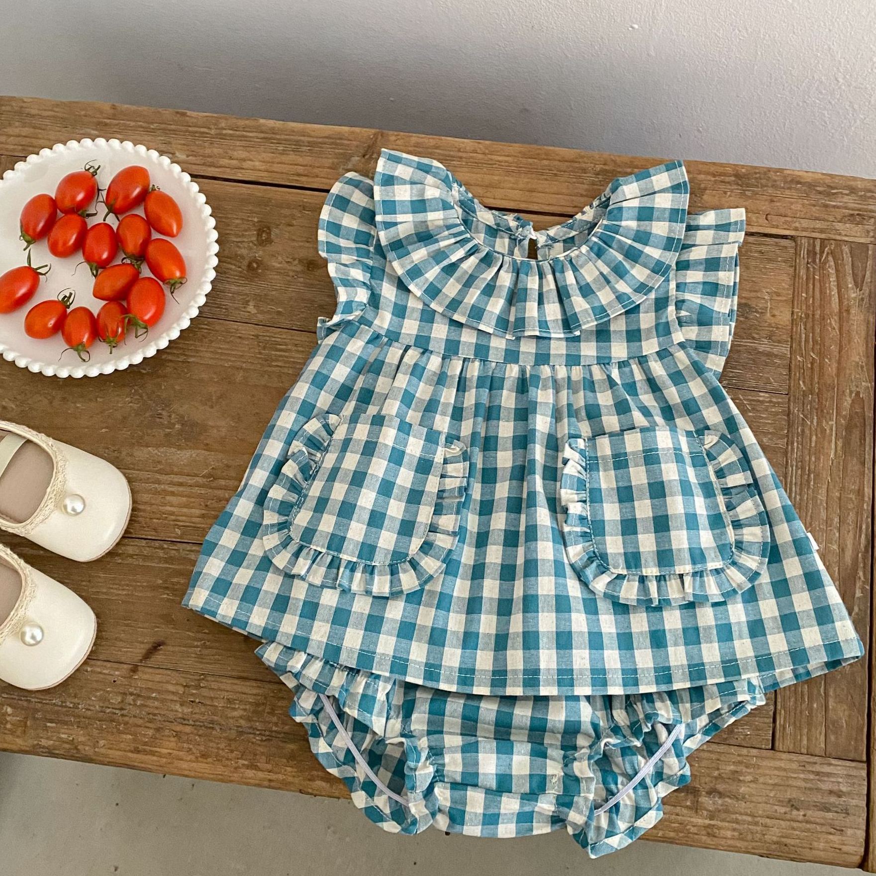 Baby Plaid Ruffle Bollar Top and Shorts Set