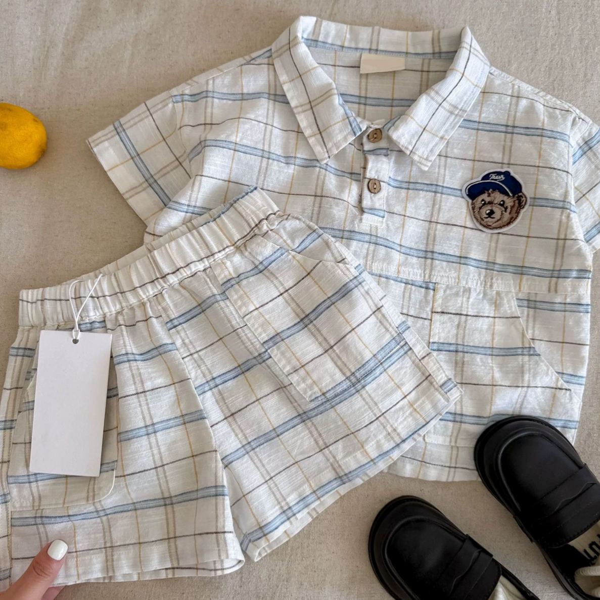 Baby Toddler Bear Plaid Lapel Sets