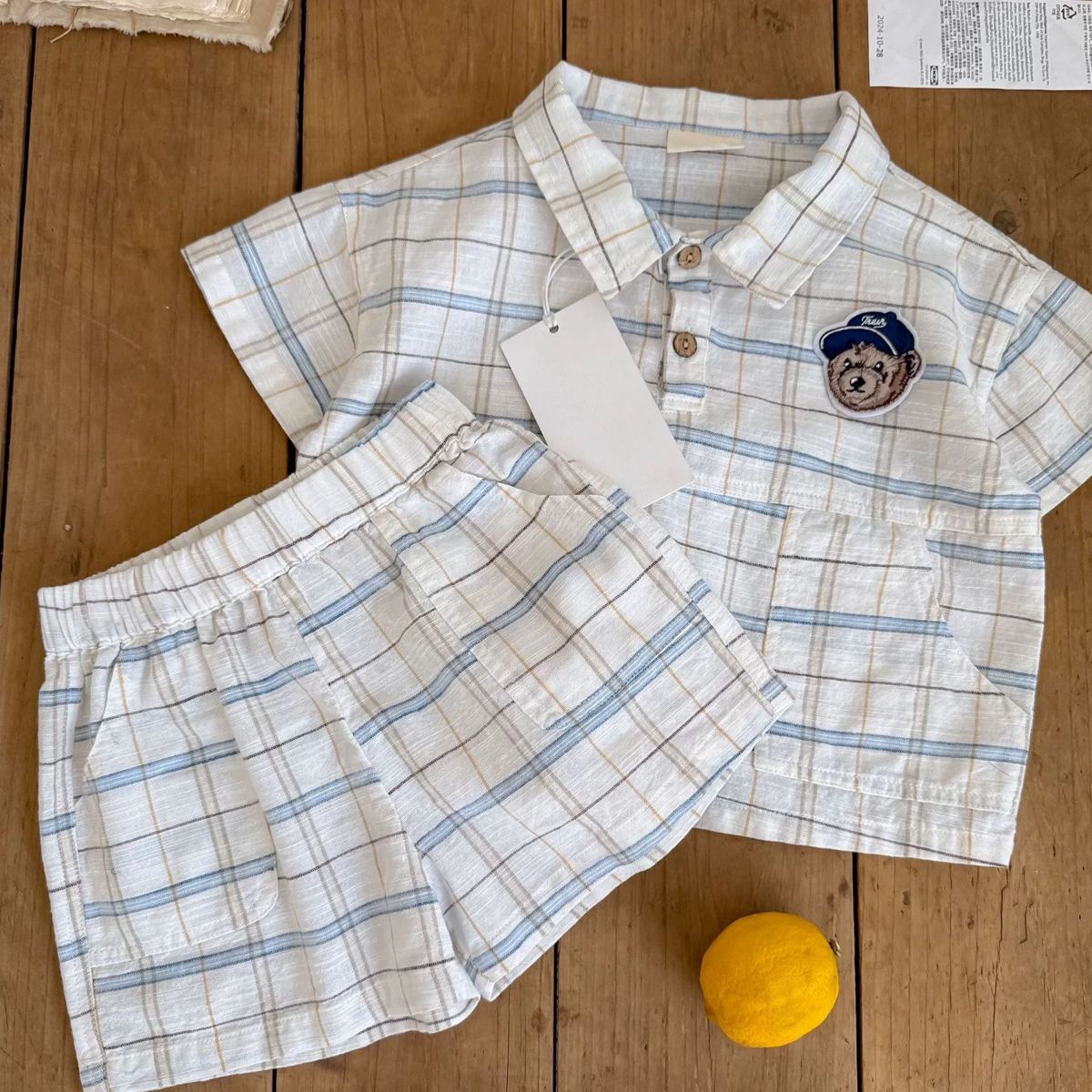 Baby Toddler Bear Plaid Lapel Sets