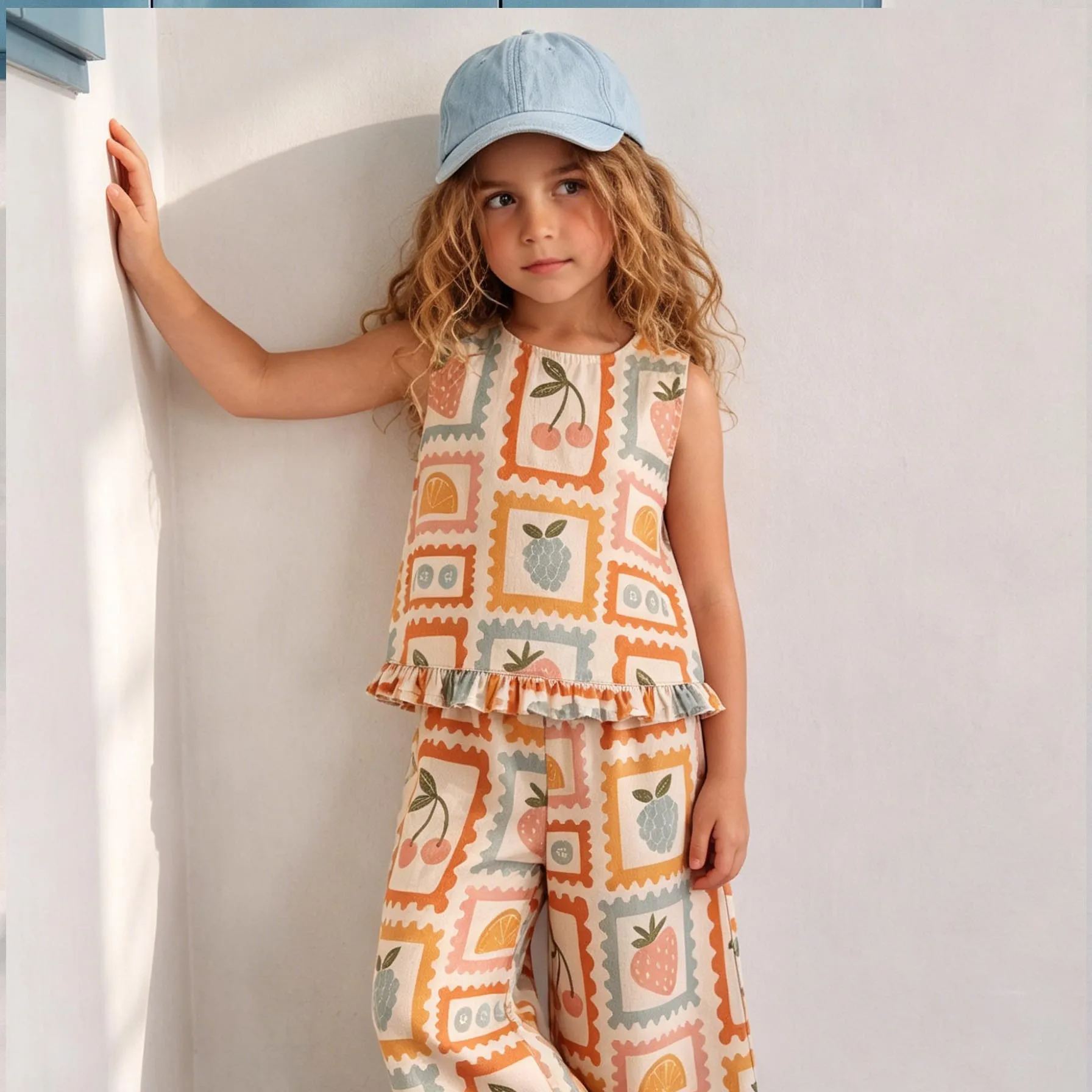 Baby & Kids Fruit Stamp Light Orange Denim 2 Piece Set