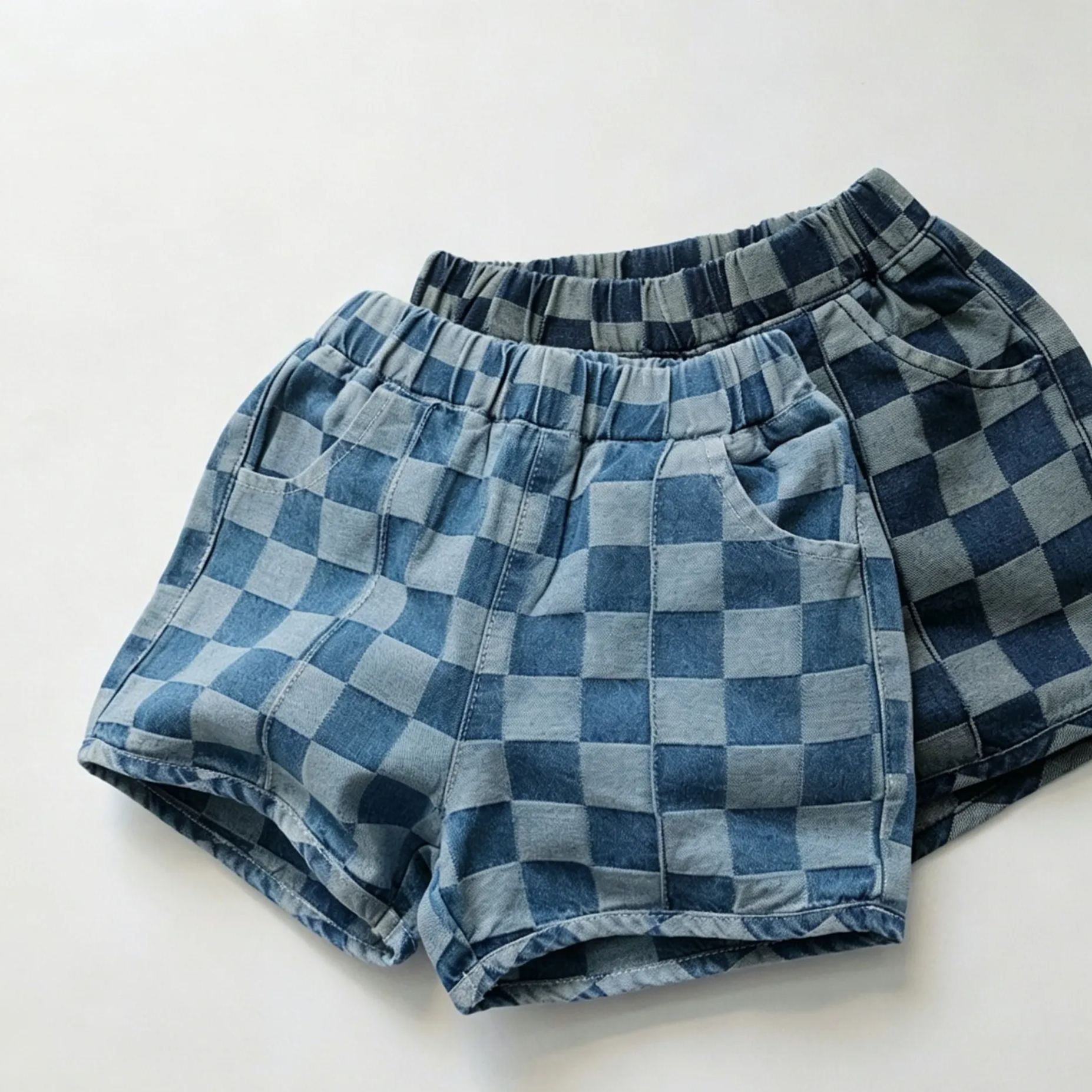[Copy]Toddler Washed cotton and linen checked patchwork shorts