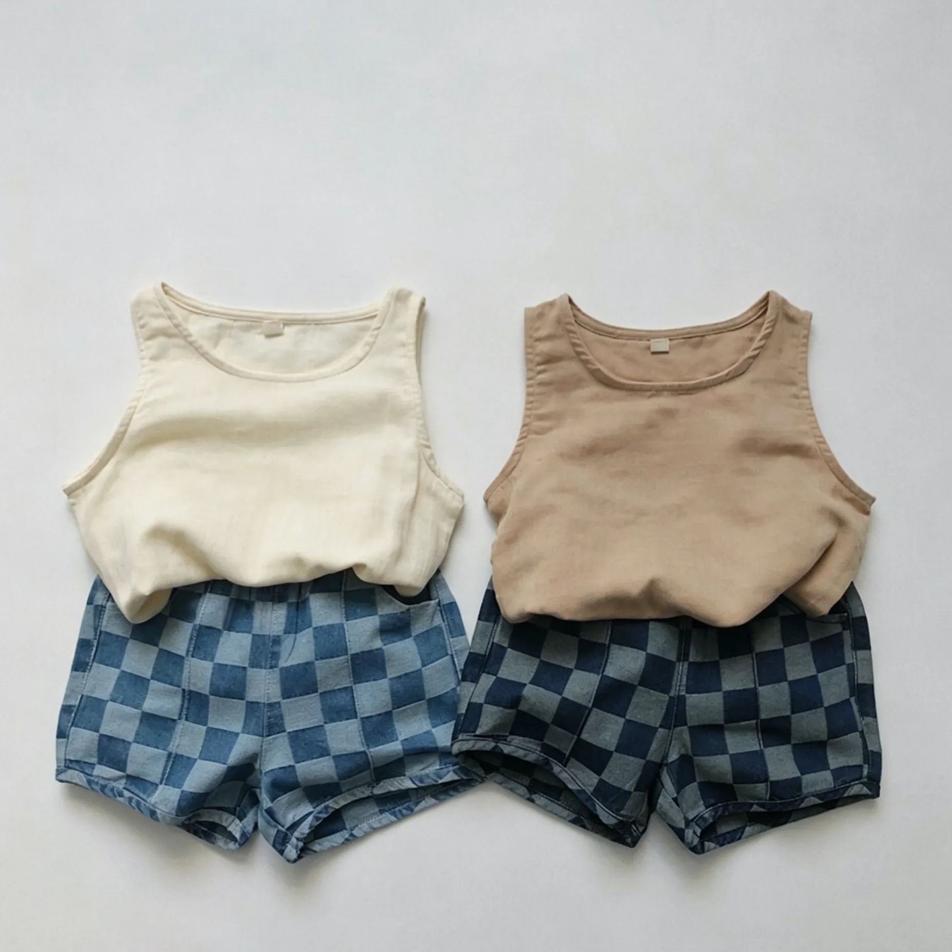 [Copy]Toddler Washed cotton and linen checked patchwork shorts