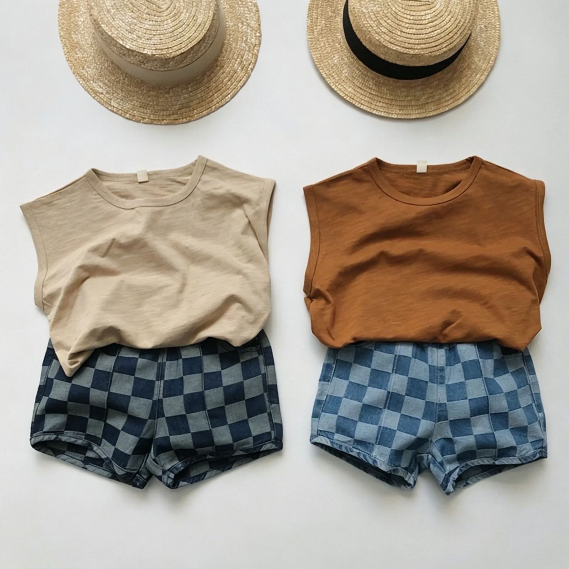 [Copy]Toddler Washed cotton and linen checked patchwork shorts