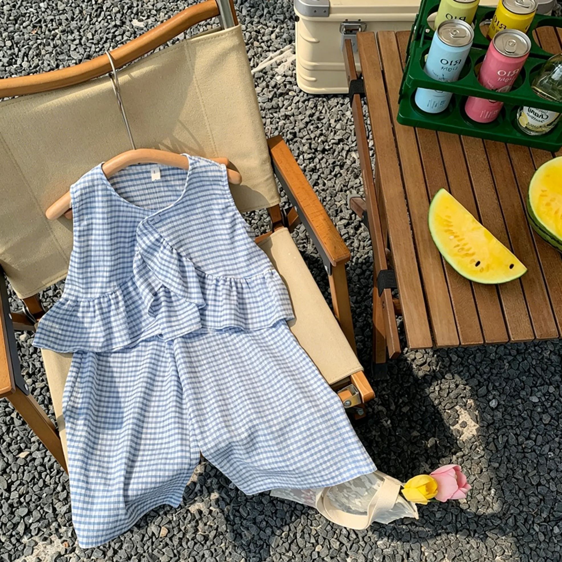 Kids Girls Fresh Blue and White Checked Two-Piece Set