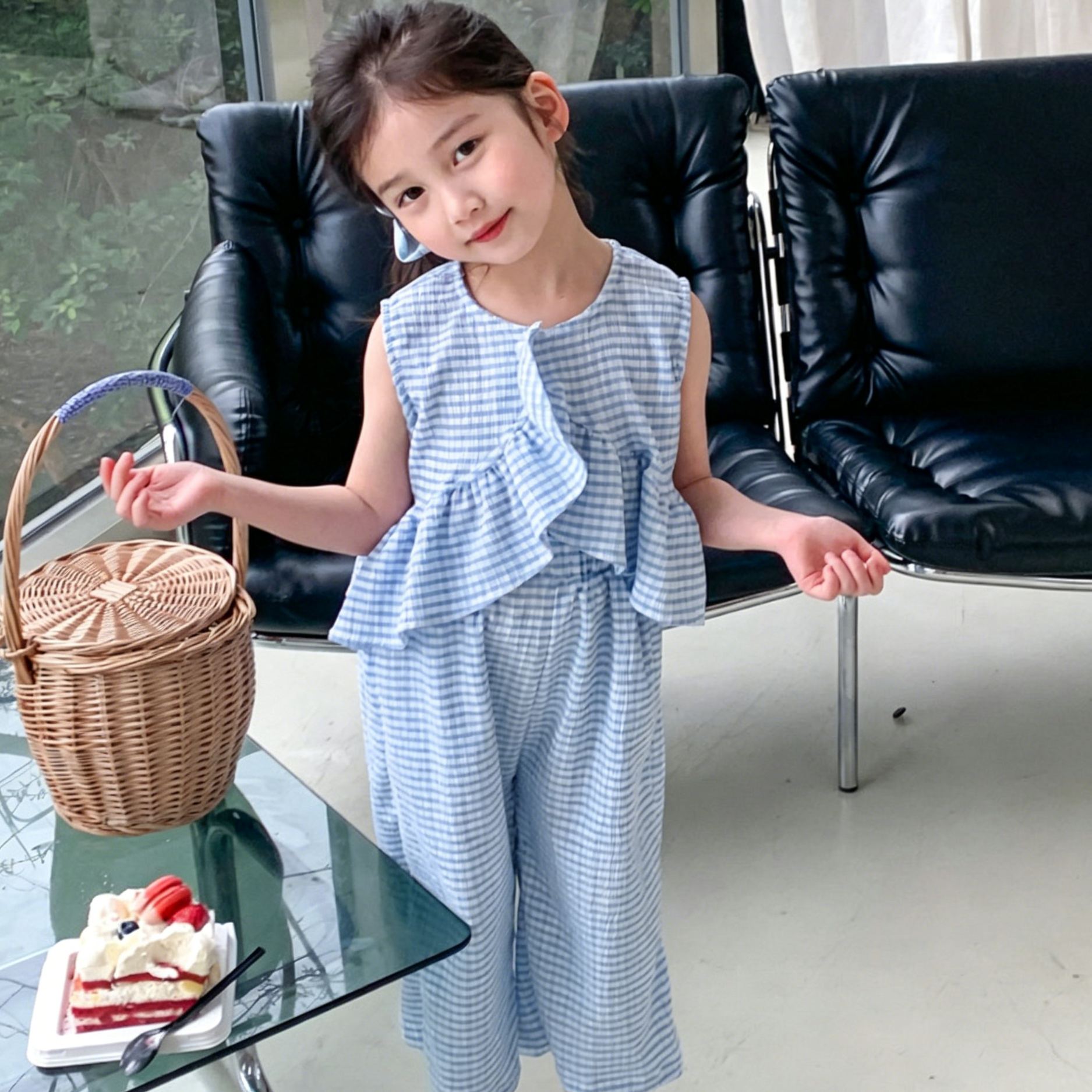 Kids Girls Fresh Blue and White Checked Two-Piece Set