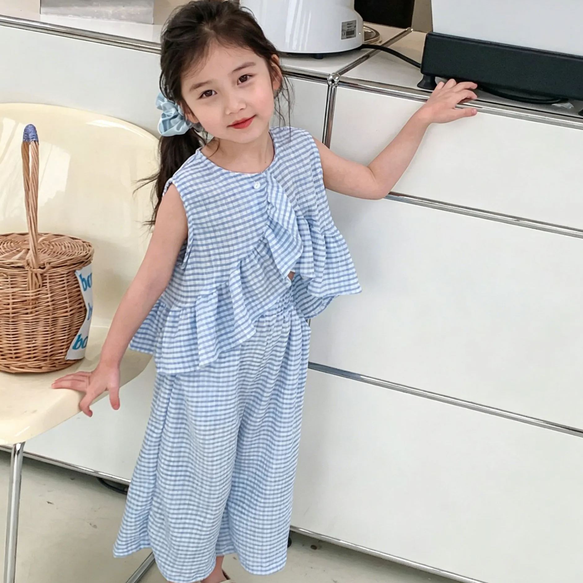 Kids Girls Fresh Blue and White Checked Two-Piece Set
