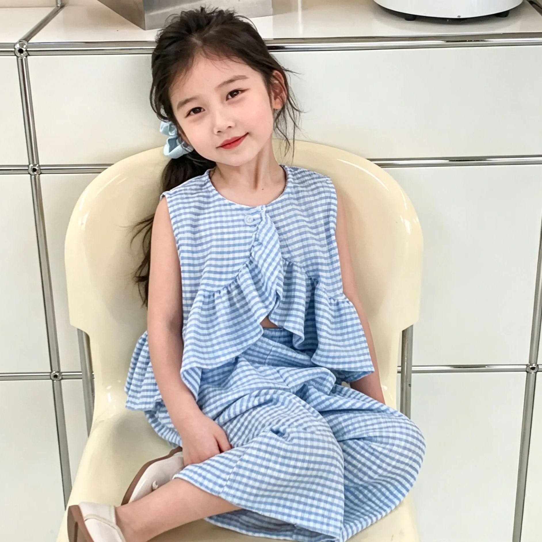 Kids Girls Fresh Blue and White Checked Two-Piece Set