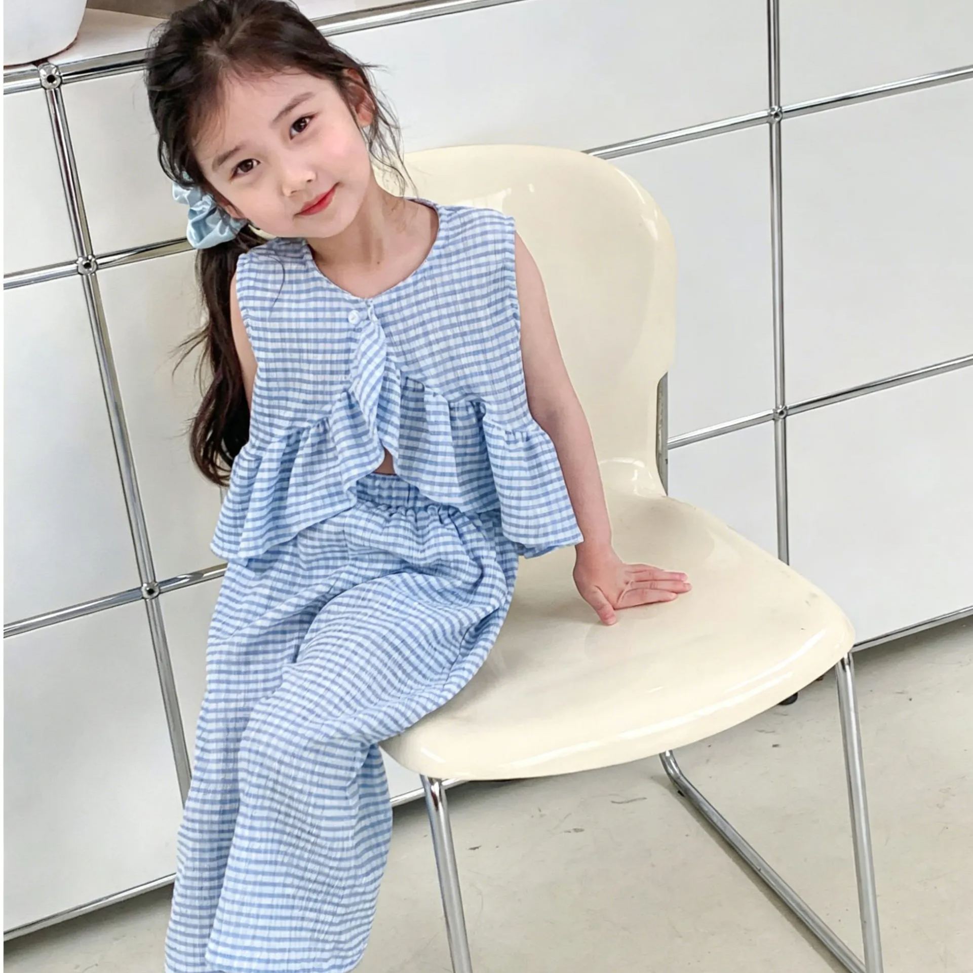 Kids Girls Fresh Blue and White Checked Two-Piece Set