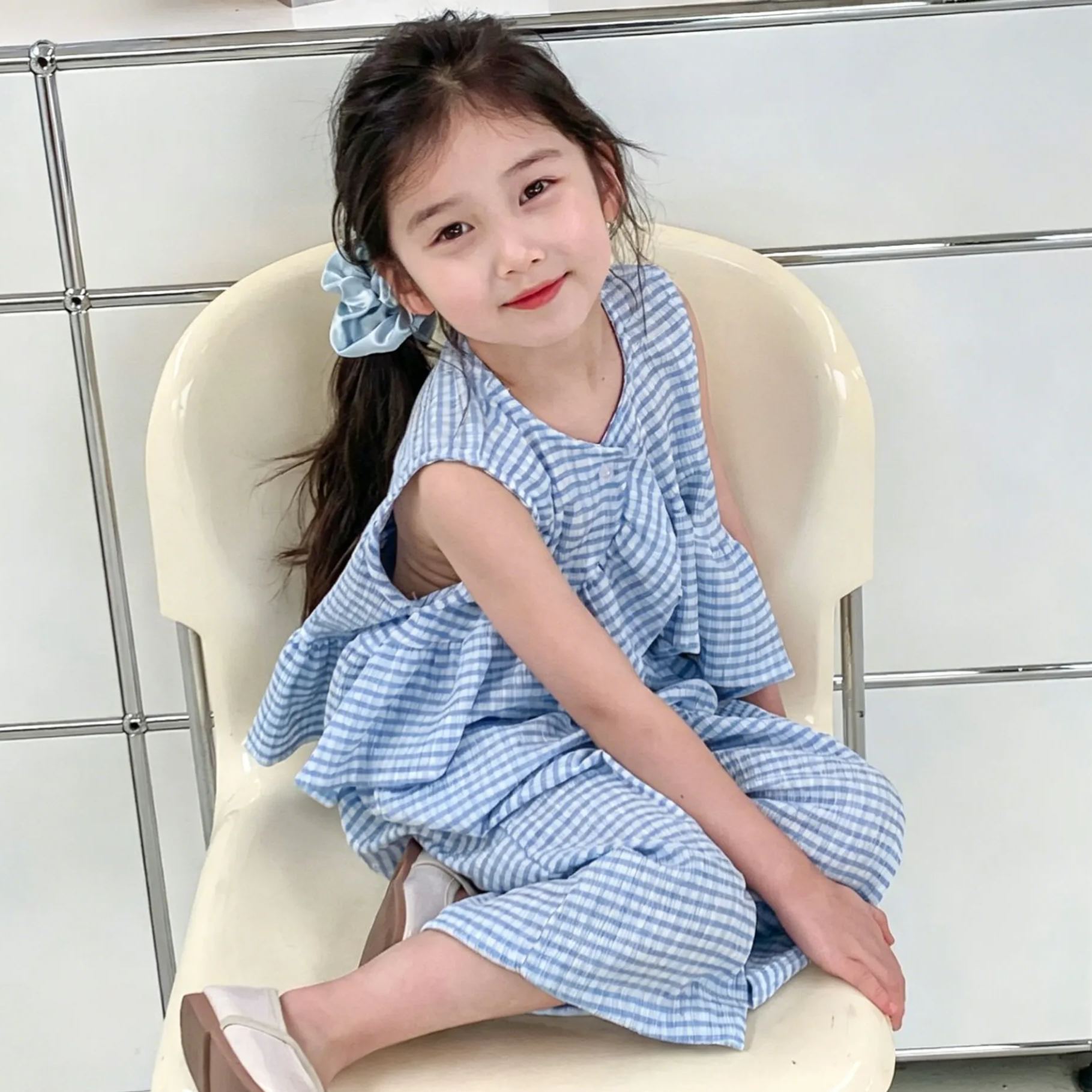 Kids Girls Fresh Blue and White Checked Two-Piece Set
