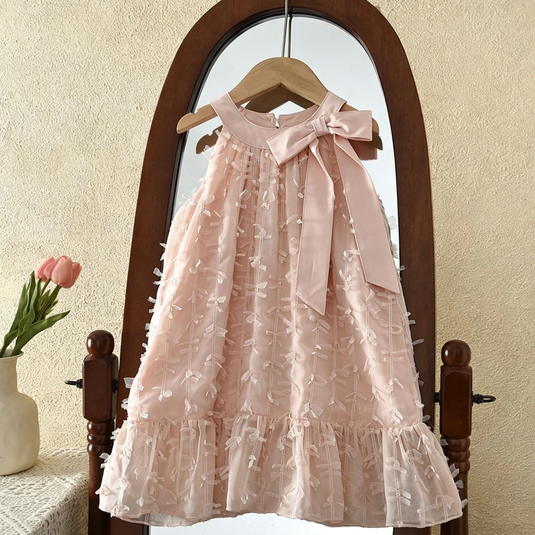 Kids Girls Sweet pink bow sleeveless tulle dress