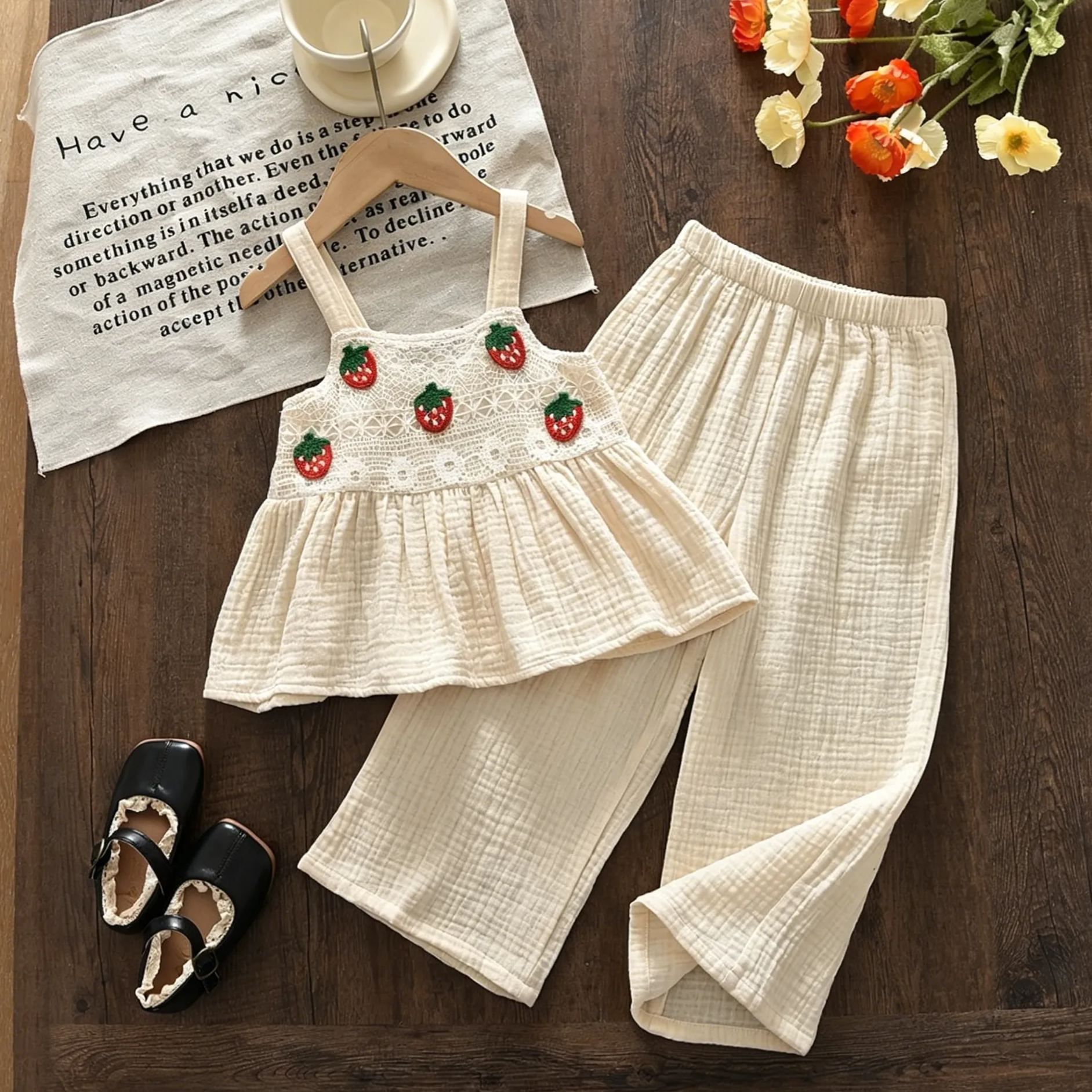 Girls Sweet Strawberry Embroidered Gauze Set