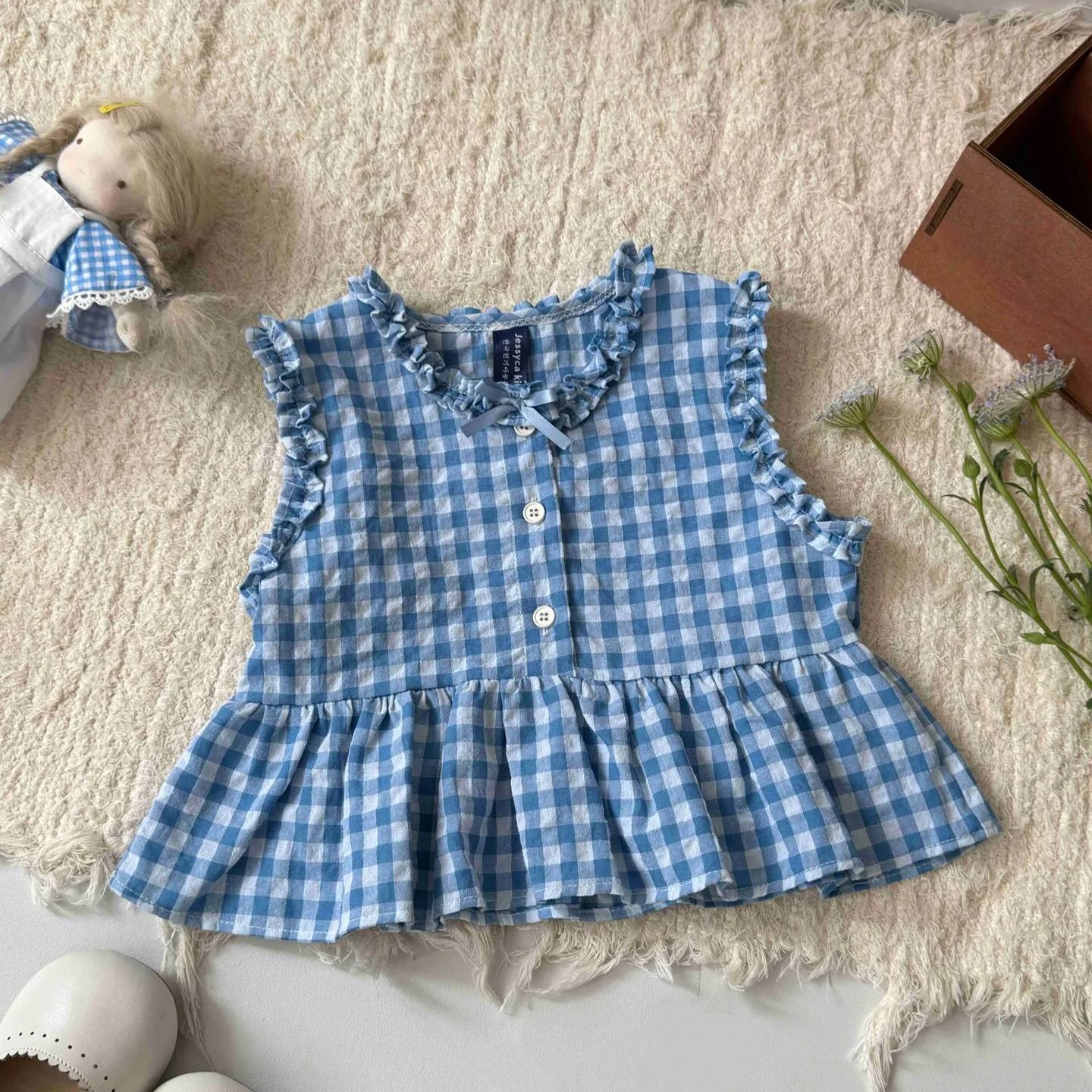 Kid Girls Checkered Lotus Leaf Top & Pants Set