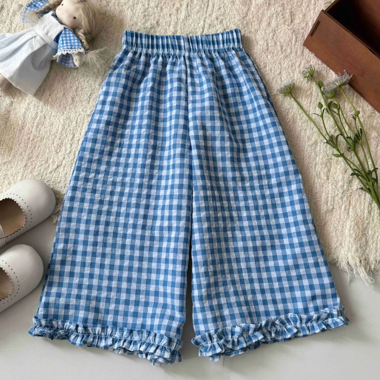 Kid Girls Checkered Lotus Leaf Top & Pants Set