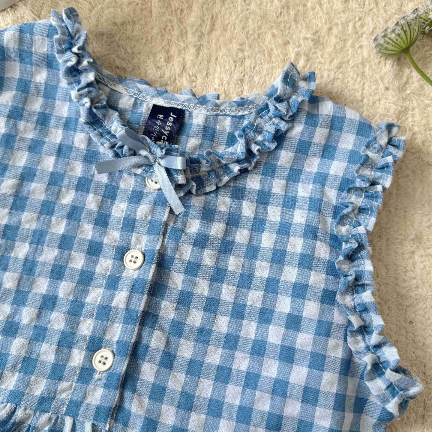 Kid Girls Checkered Lotus Leaf Top & Pants Set
