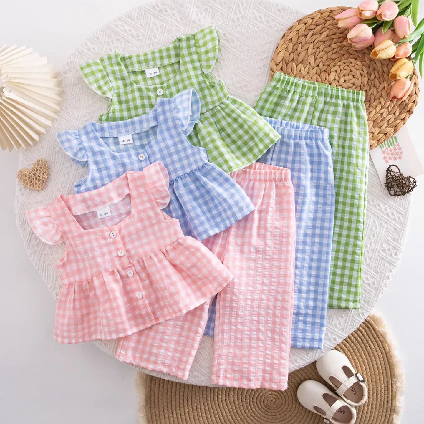 Baby Toddler Plaid Flying Sleeves Top and Pants Sets