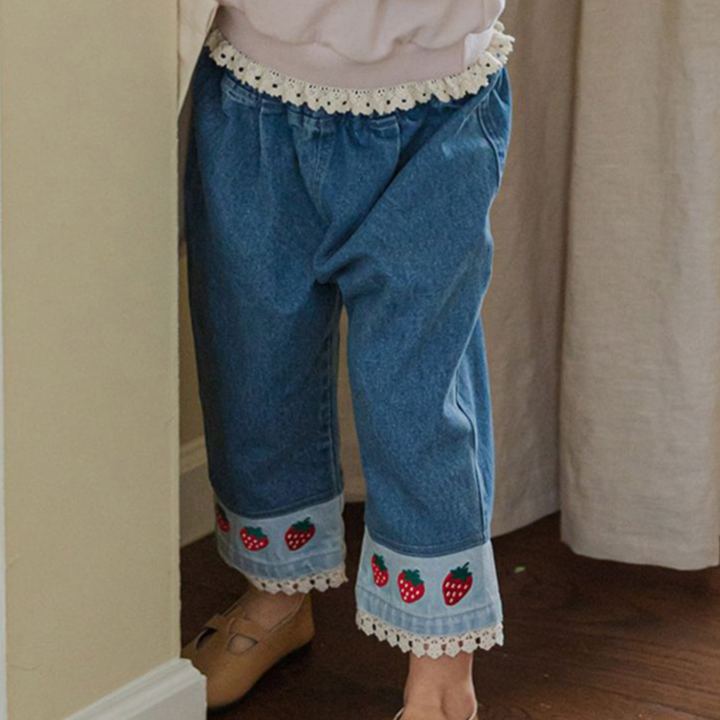 Baby& Kid Lace Splicing Strawberry Denim Pants