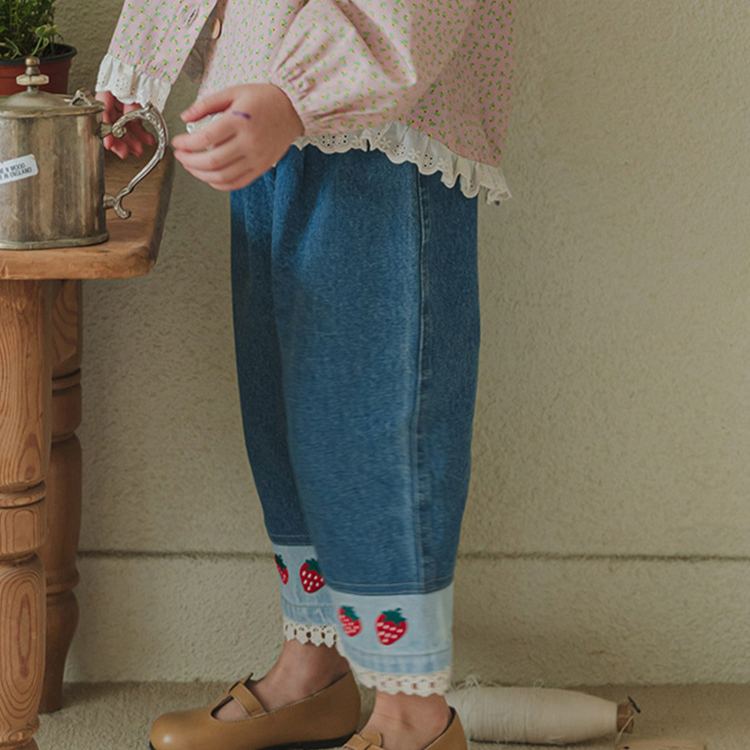 Baby& Kid Lace Splicing Strawberry Denim Pants