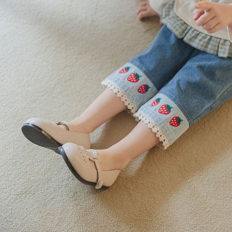 Baby& Kid Lace Splicing Strawberry Denim Pants
