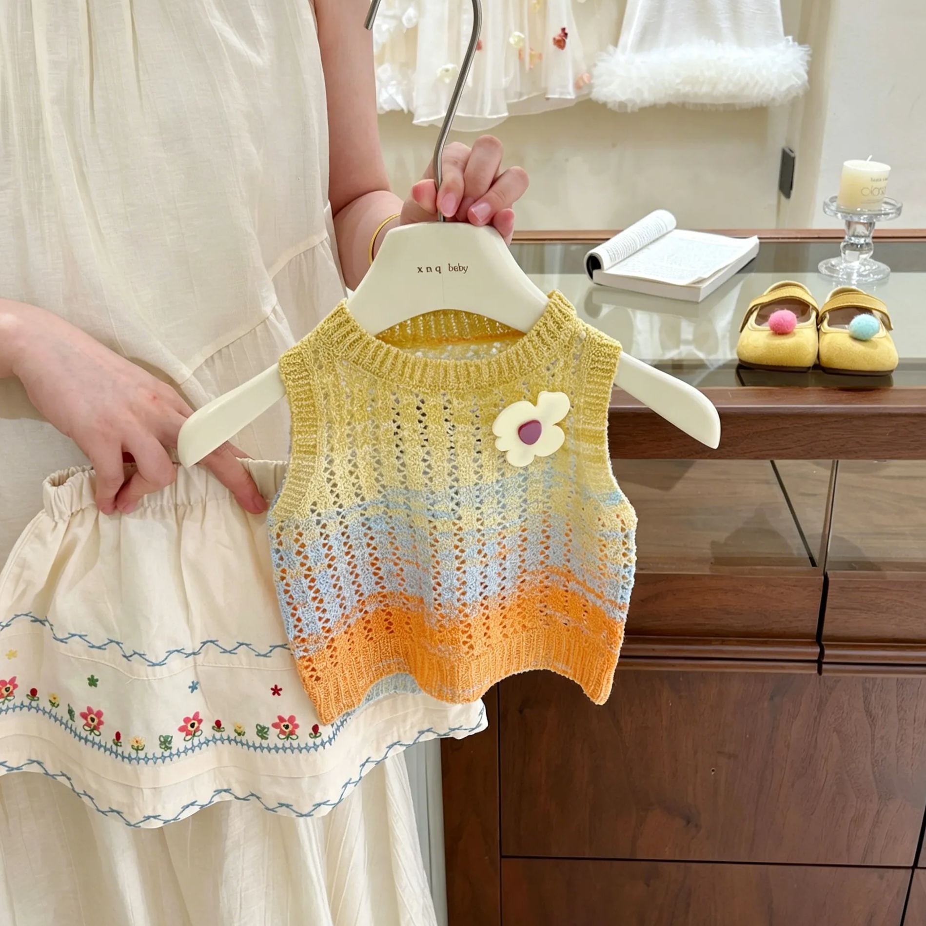 Kids Knitted Floral Vest and Embroidered Skirt