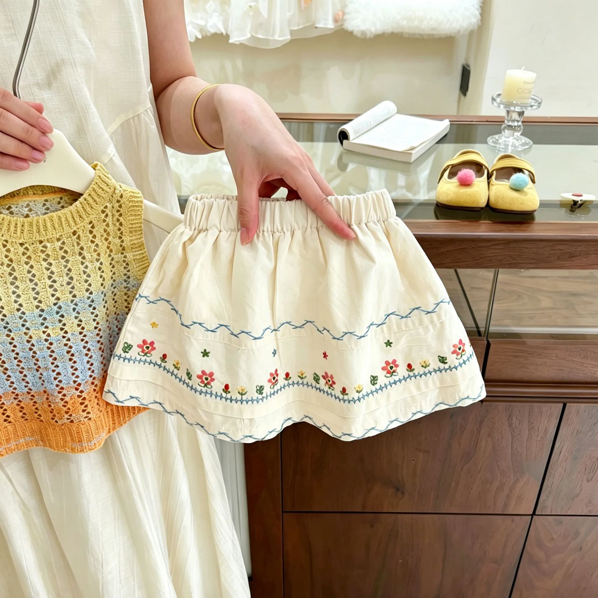 Kids Knitted Floral Vest and Embroidered Skirt