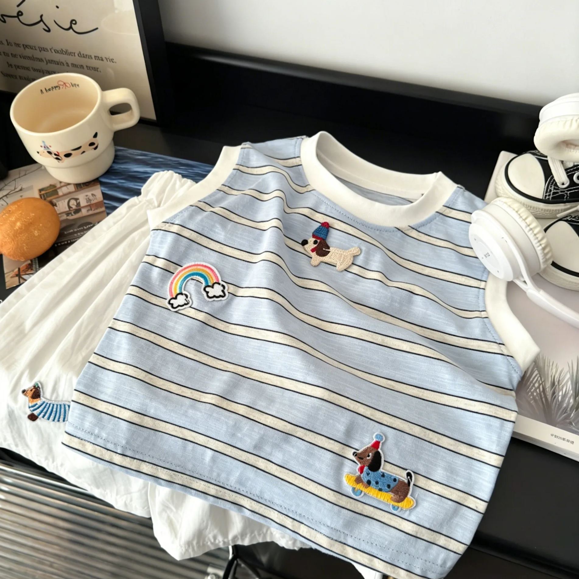 Kids Rainbow Puppy Striped Vest Top and Pants Set