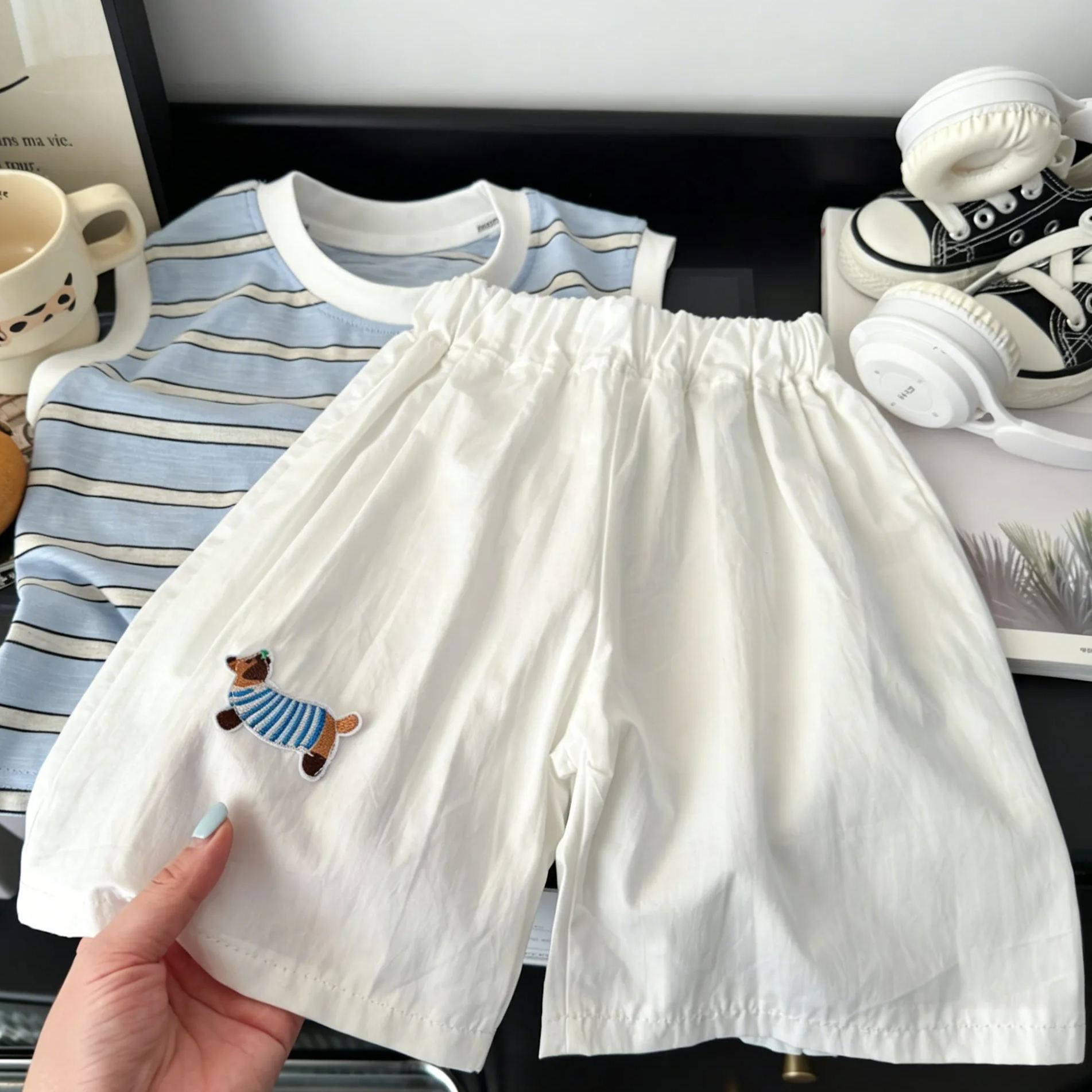 Kids Rainbow Puppy Striped Vest Top and Pants Set