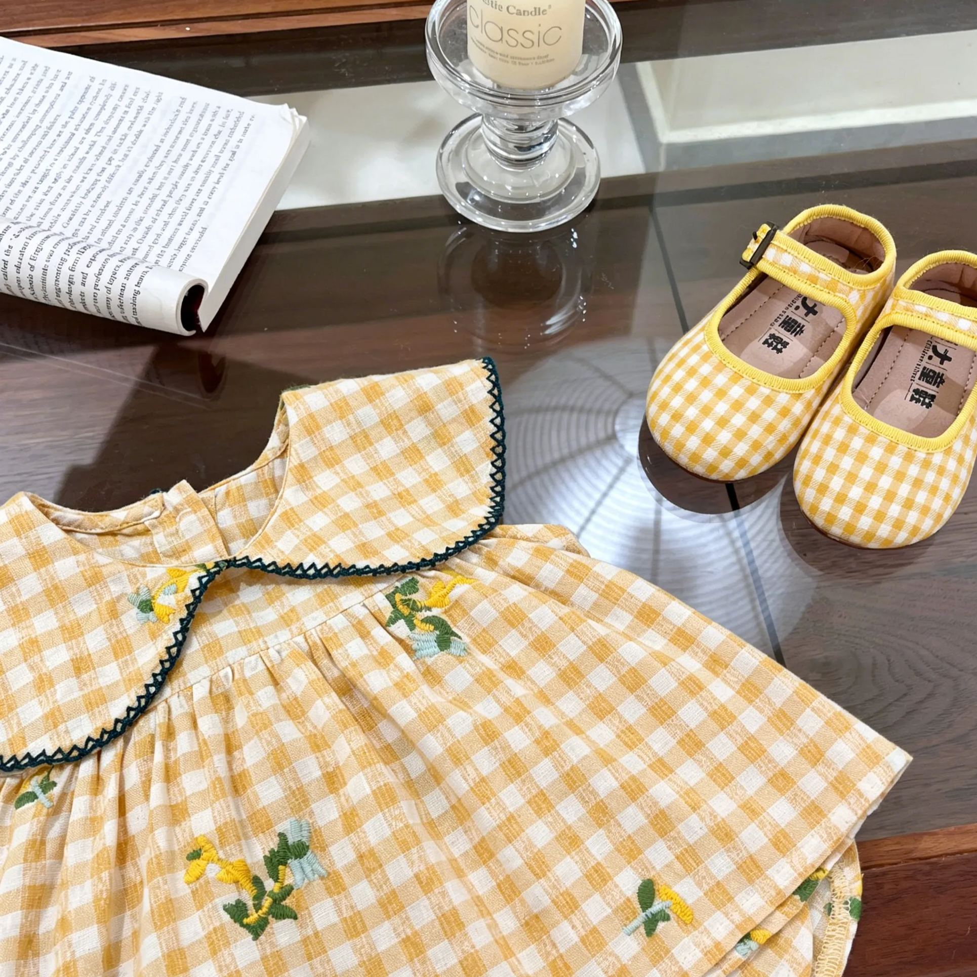 Baby& Kid Yellow Plaid Floral Pattern Collar Top and Pants Set